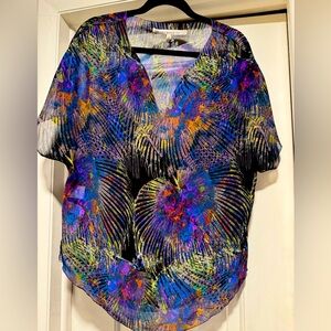 Rachel Roy Colorful Peacock Print Sheer Top
